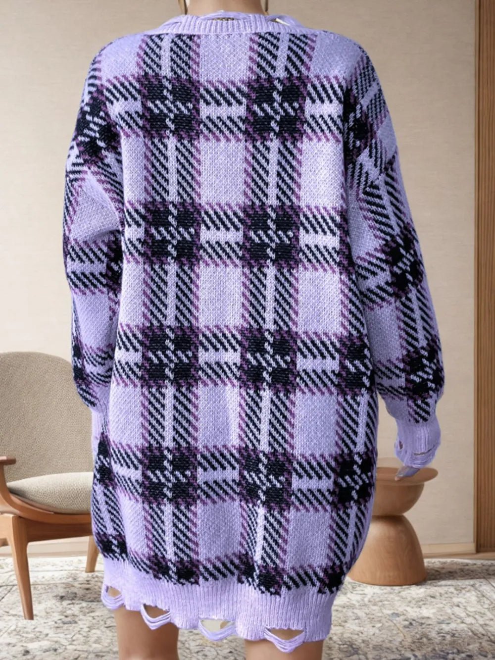 Lavender purple plaid sweater dress with long sleeves, ribbed hem, distressed knit