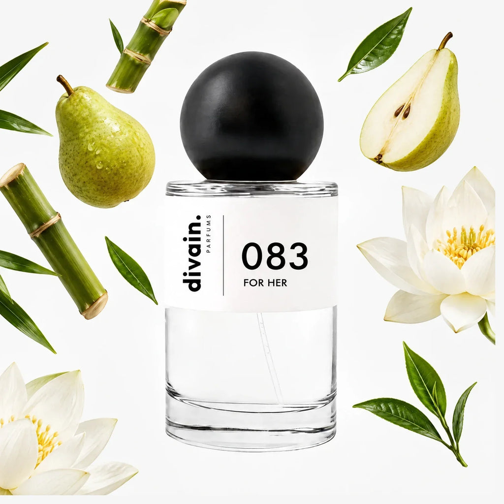 Perfume bottle with black spherical cap, glass body, label '083 for her'.