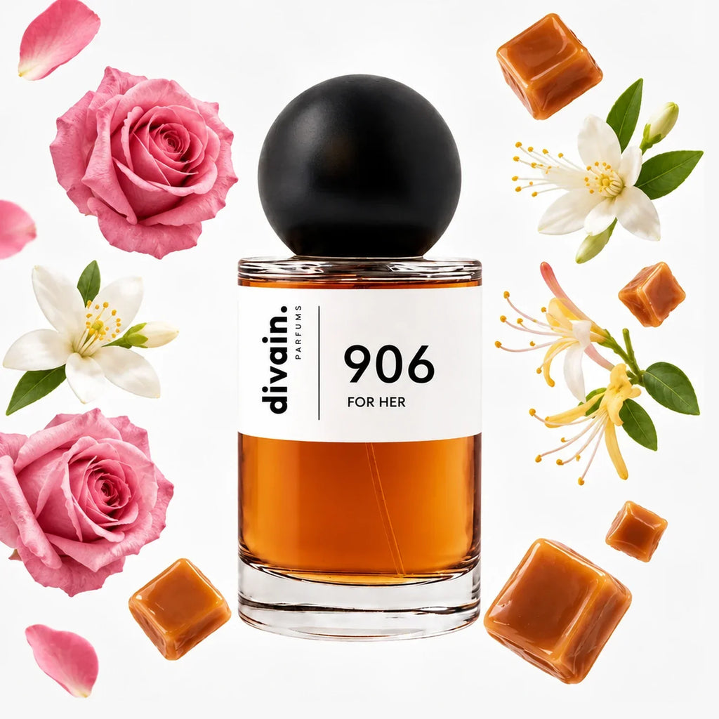 Amber glass perfume bottle with black dome cap and 'for her' label