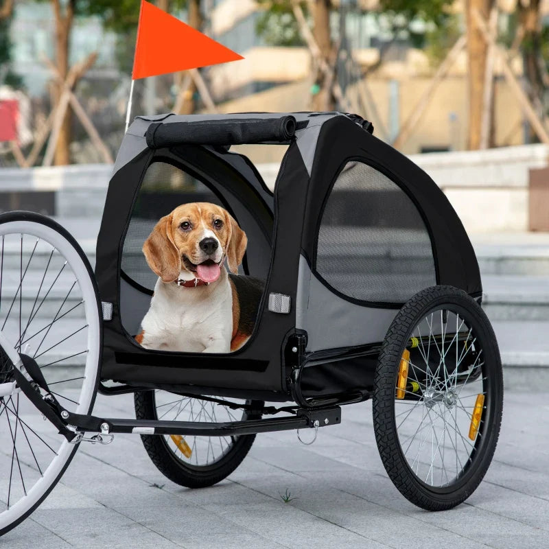 Black dog bike trailer pet stroller with mesh window and orange safety flag