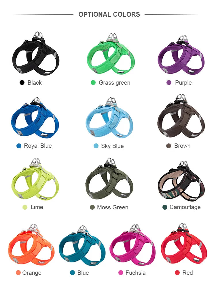 Dog harness color options grid, including moss green, black, royal blue, and purple