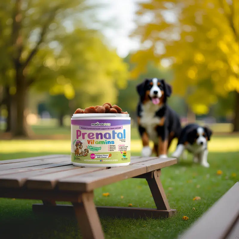 Prenatal dog vitamins jar on a bench with a blurred dog in the background