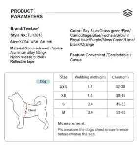 Dog harness size chart with measurements and Webbing width and chest size