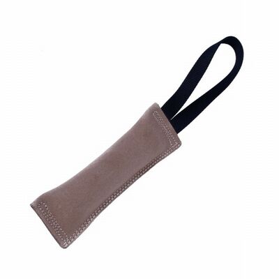 Beige leather dog training bite pillow with dark handle strap