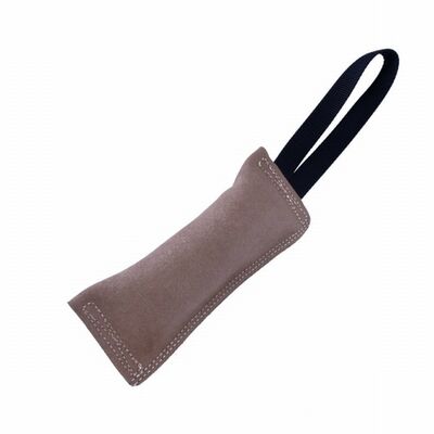Tan leather dog training bite pillow with carrying strap