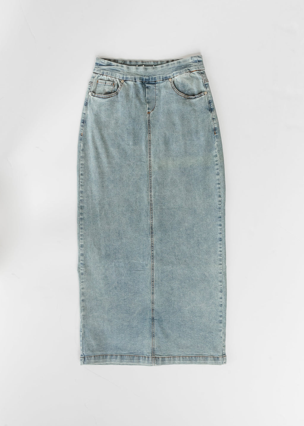 Light wash maxi denim skirt back view with center seam and belt loops