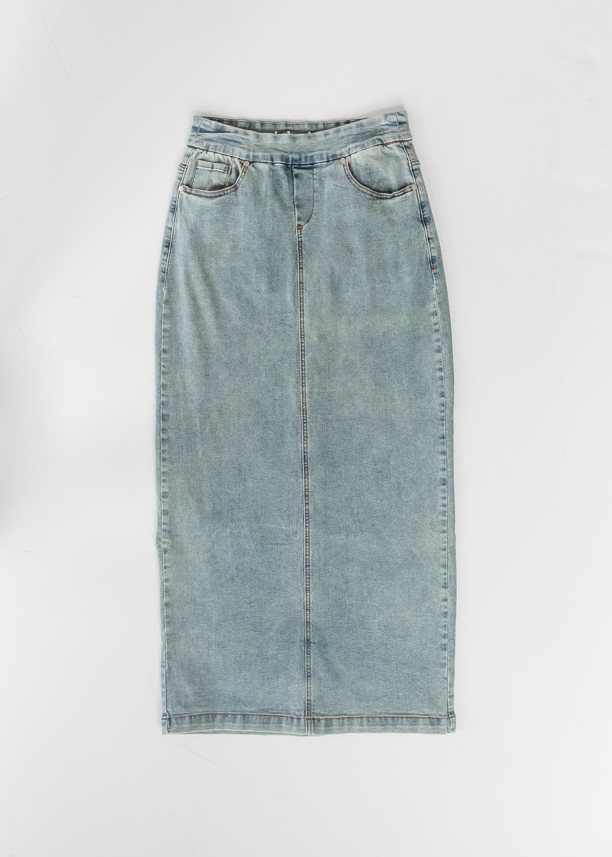 Light wash maxi denim skirt back view with center seam and belt loops