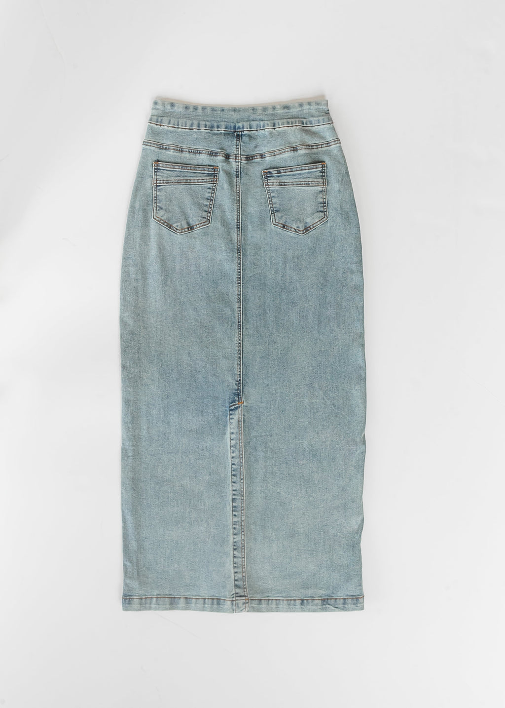 Light wash maxi denim skirt with two front patch pockets and belt loops