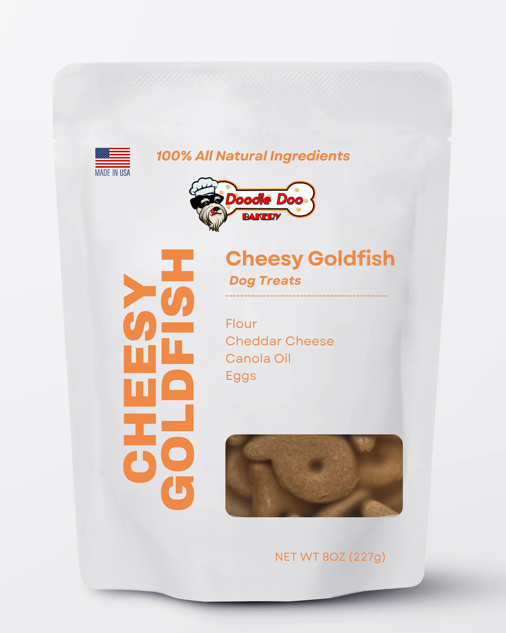 Cheesy goldfish dog treats pouch with window, net 8 oz (227 g).