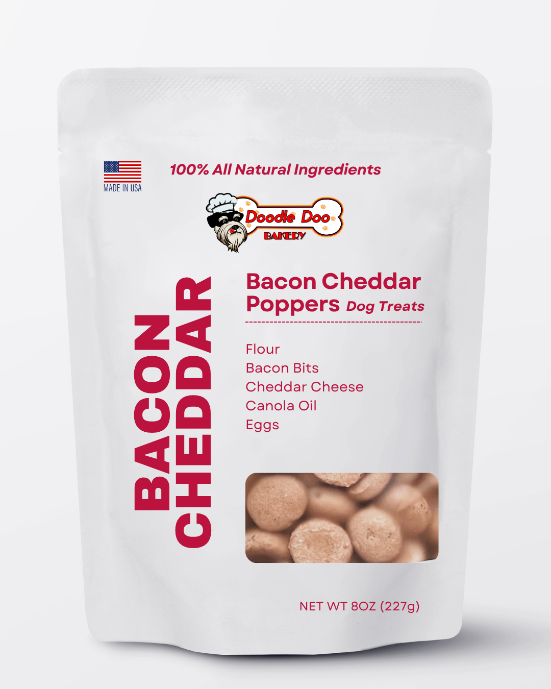 Bacon cheddar dog treat pouch, white bag with red label and treat image