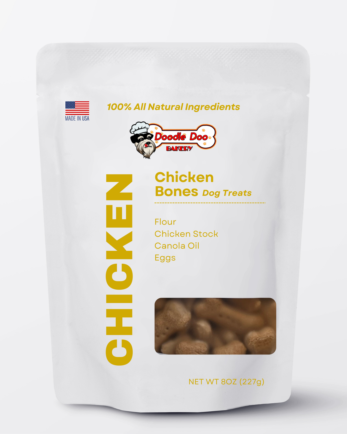 Bag of Doodle Doo's Bakery chicken bones dog treats, net Wt 8 oz (227 g)