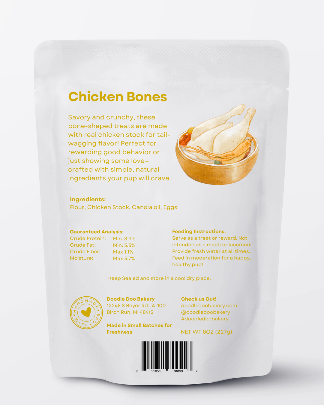 White pouch back for Doodle Doo's Bakery chicken bones dog treats; ingredients & barcode