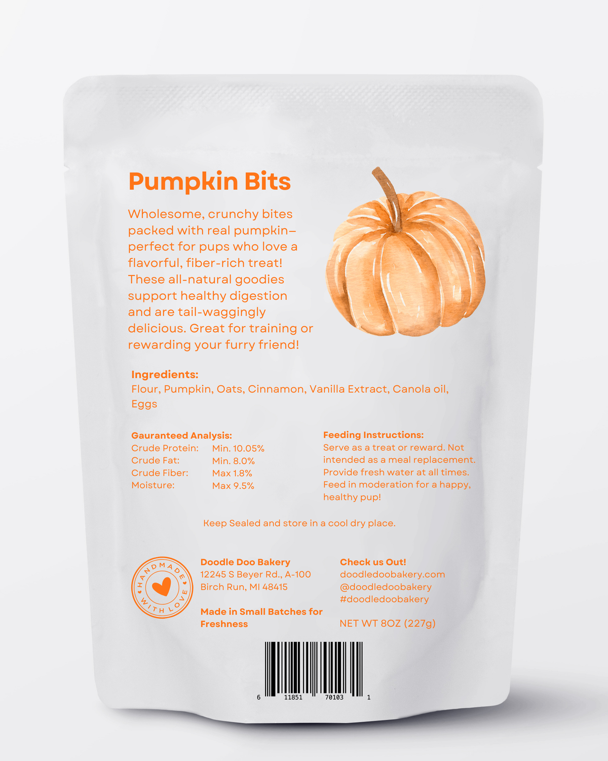 Back of white pumpkin dog treat pouch with orange pumpkin icon and ingredient info