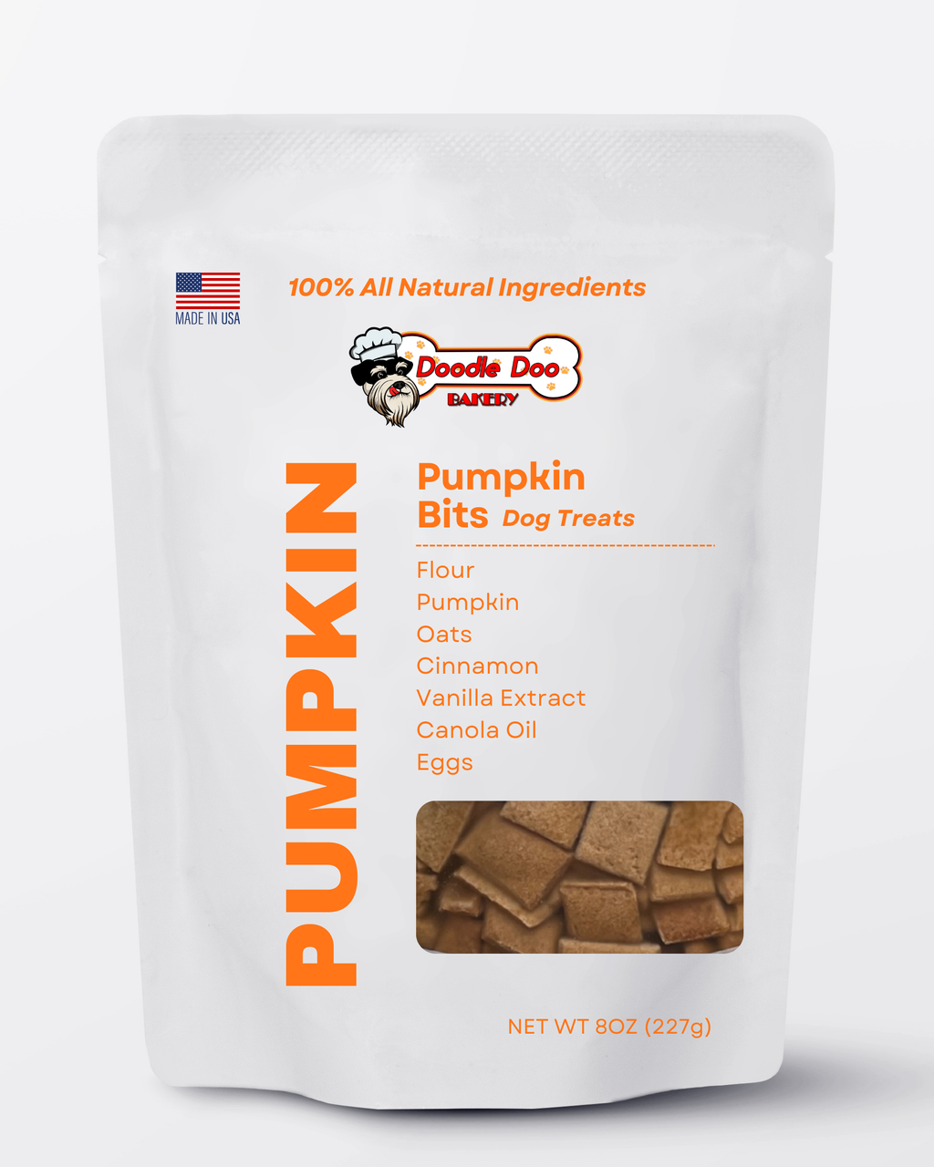 White dog treat pouch with pumpkin bits label and window showing square biscuits