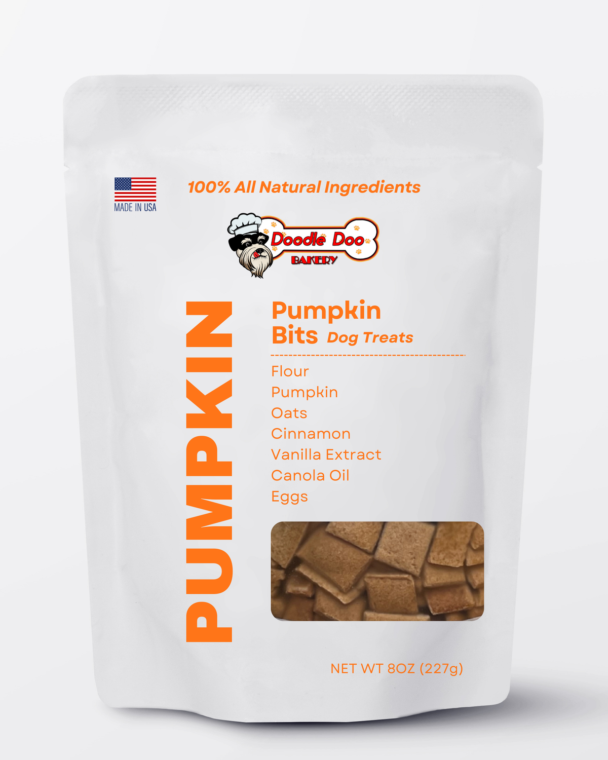 White dog treat pouch with pumpkin bits label and window showing square biscuits