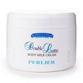 Body milk cream jar with white lid and blue label, labeled Double Latte and PERLIER