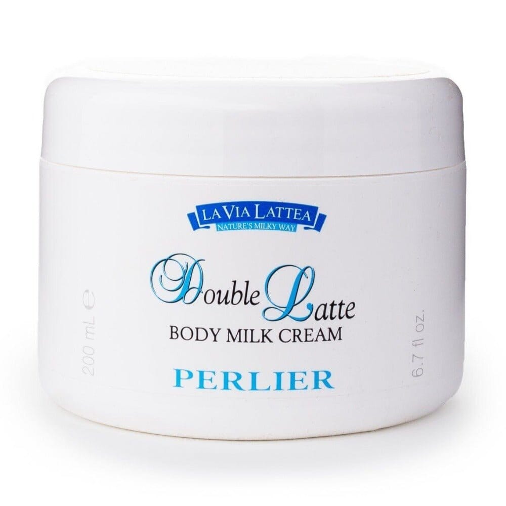 Body milk cream jar with white lid and blue label, labeled Double Latte and PERLIER