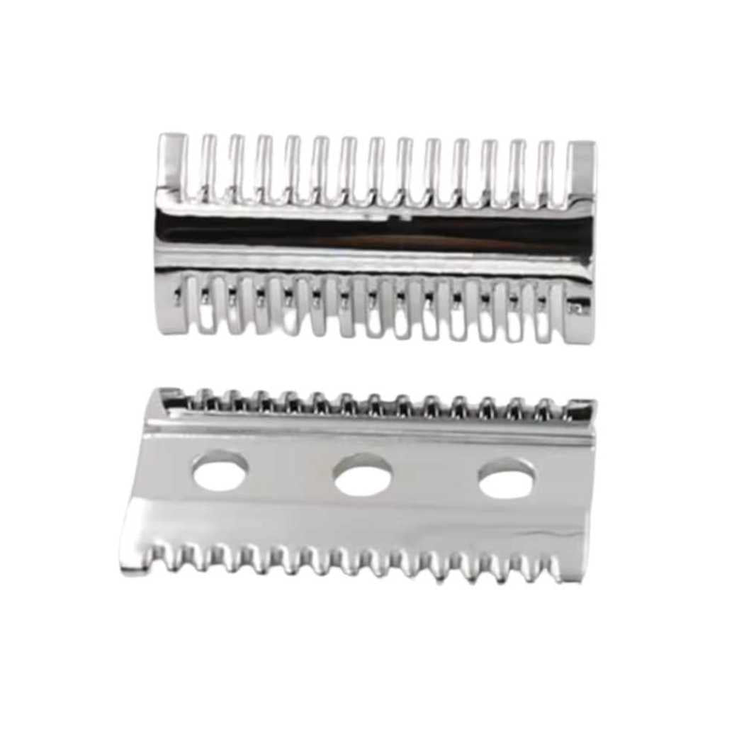 Safety razor head with open comb teeth and three cutout holes on guard plate