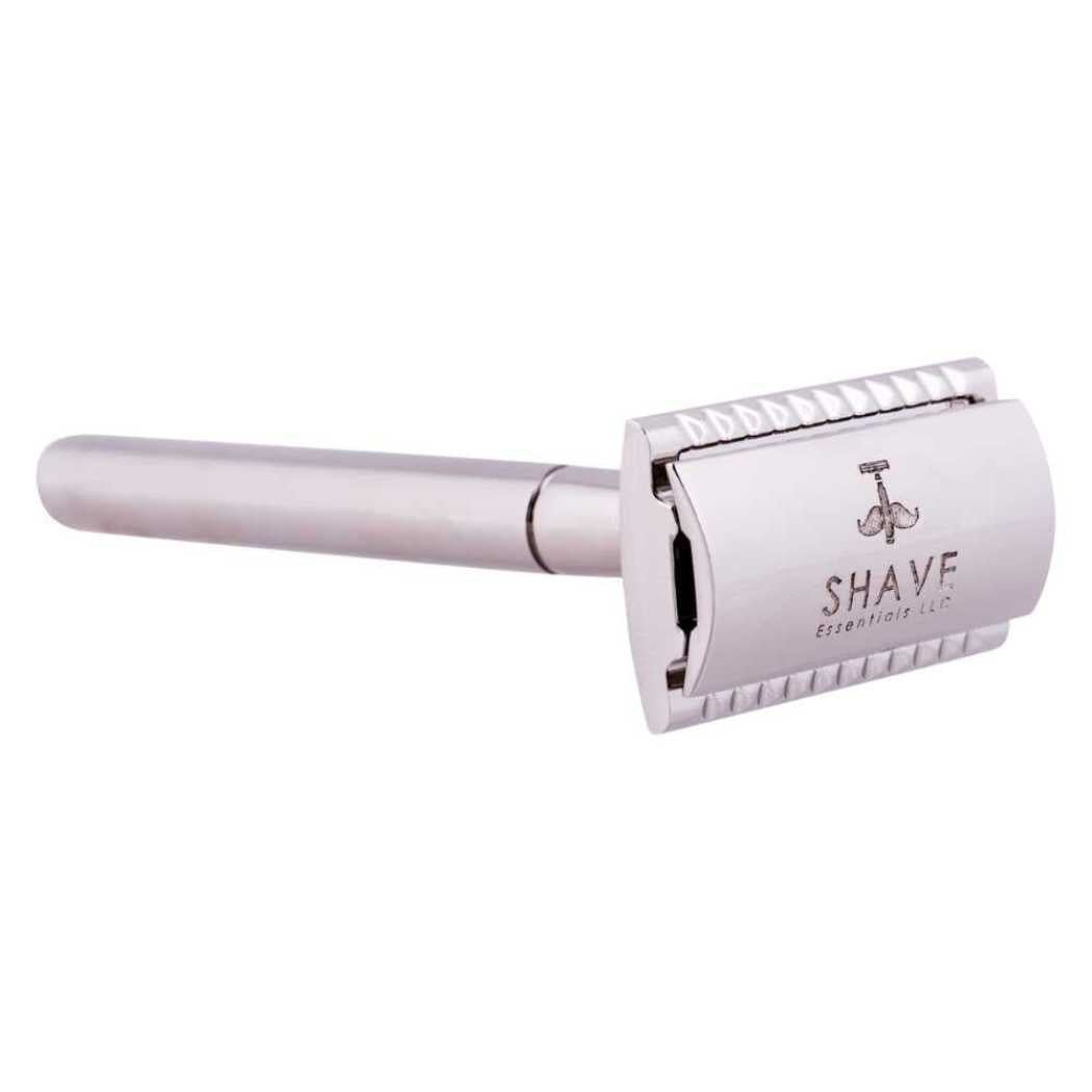 Stainless safety razor head with textured grooves and guard, silver finish