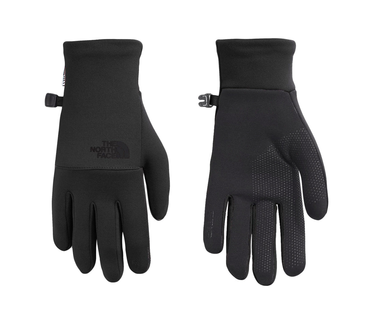 Women's black touchscreen gloves with textured dotted grip palm, logo patch