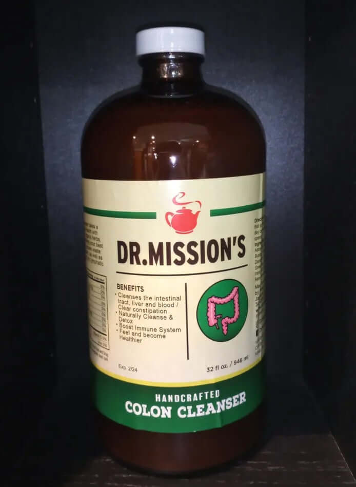 Dr. Mission's Organic Colon Cleanser bottle, showing the cream label, green band, and white cap.