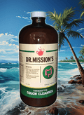 Dr. Mission's Organic Colon Cleanser in a brown bottle with a white cap and cream, green label.