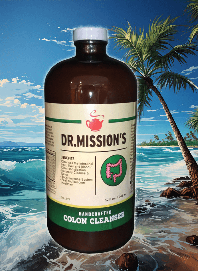 Dr. Mission's Organic Colon Cleanser in a brown bottle with a white cap and cream, green label.