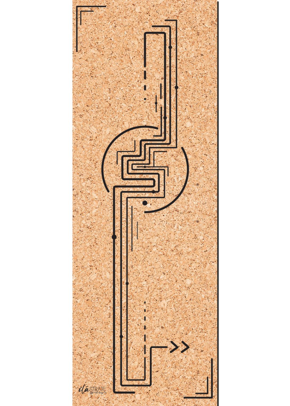Cork yoga mat with minimalist black geometric line art and circular accents