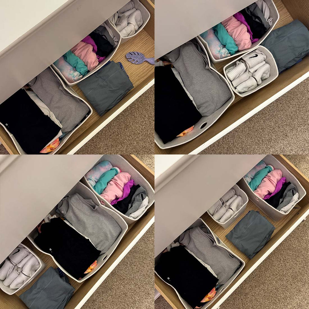 Felt drawer organizer bins in drawer with folded clothes, light beige felt and round handles