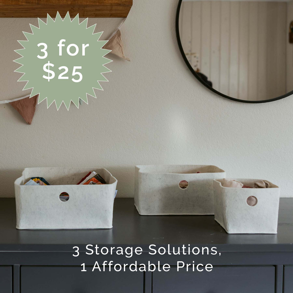 White felt storage bins with round handles, three organizer sizes on dresser