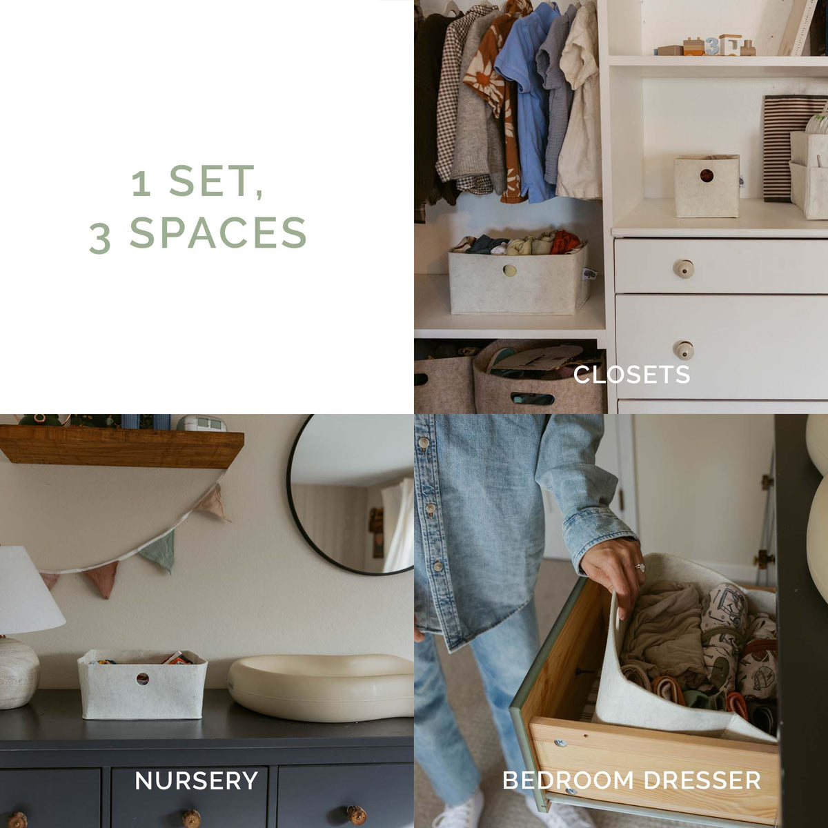 Felt drawer organizers set in closet and dresser drawers, multiple bin sizes