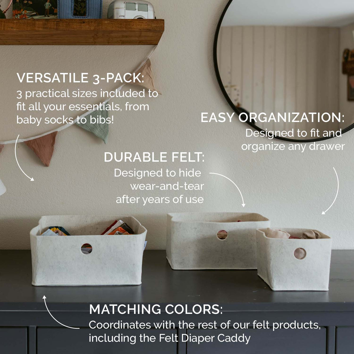 Felt drawer organizers, three light beige bins with open fronts and round cutout handles