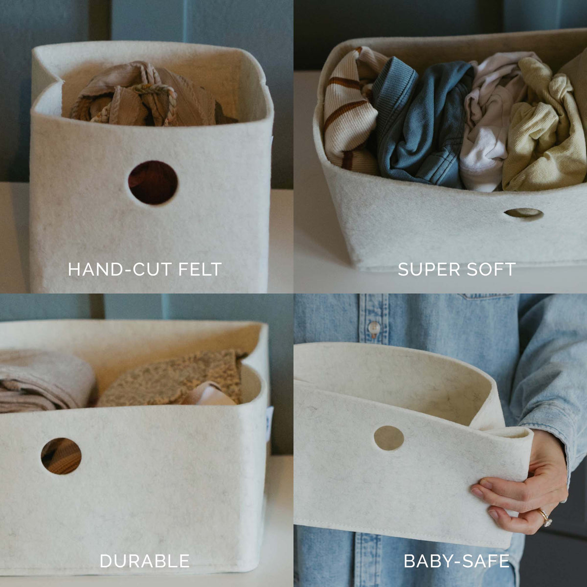 Light beige felt drawer organizer bins, open-top storage with round cutout handles