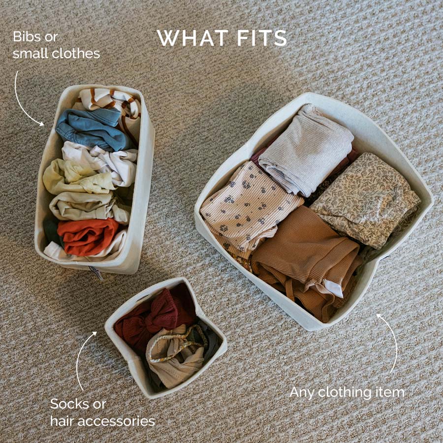 Felt drawer organizer bins holding folded socks and small clothes, light beige
