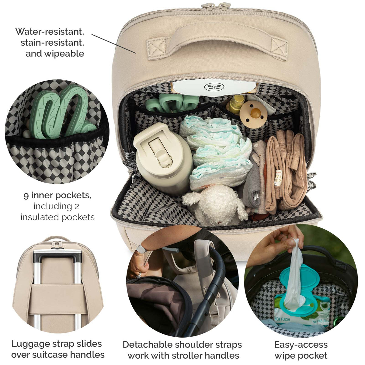 Beige diaper backpack open to show interior pockets and inner wipeable pocket