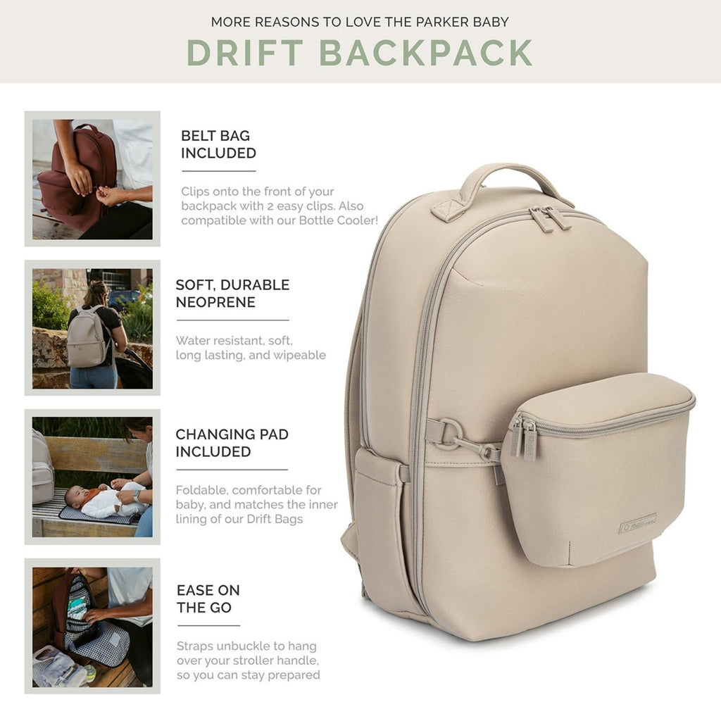 Beige neoprene diaper backpack with front pocket and curved top handle