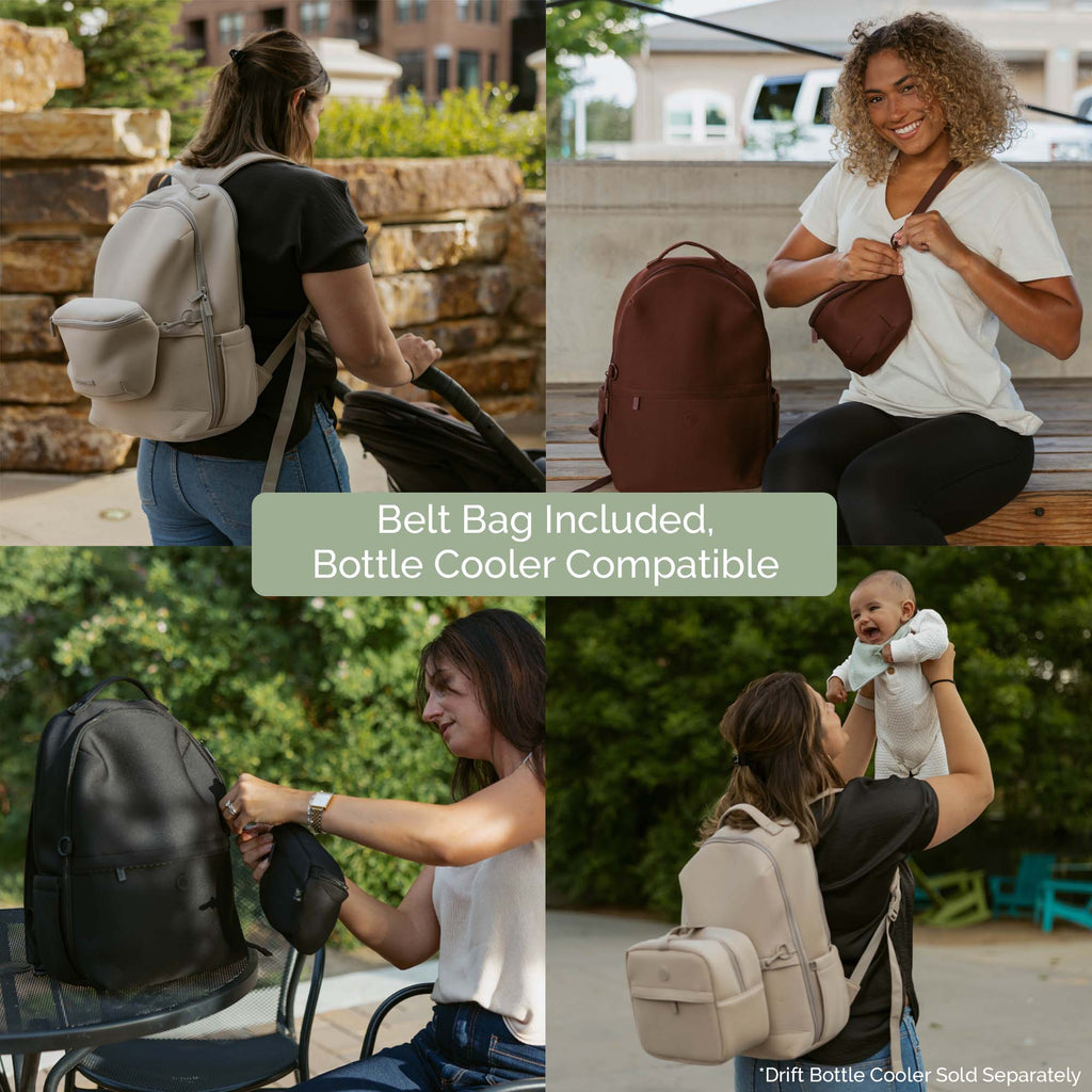 Beige diaper backpack with small side pouch, worn outdoors with stroller