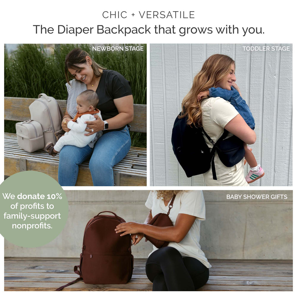 Diaper backpack advertisement graphic with parents holding the beige backpack