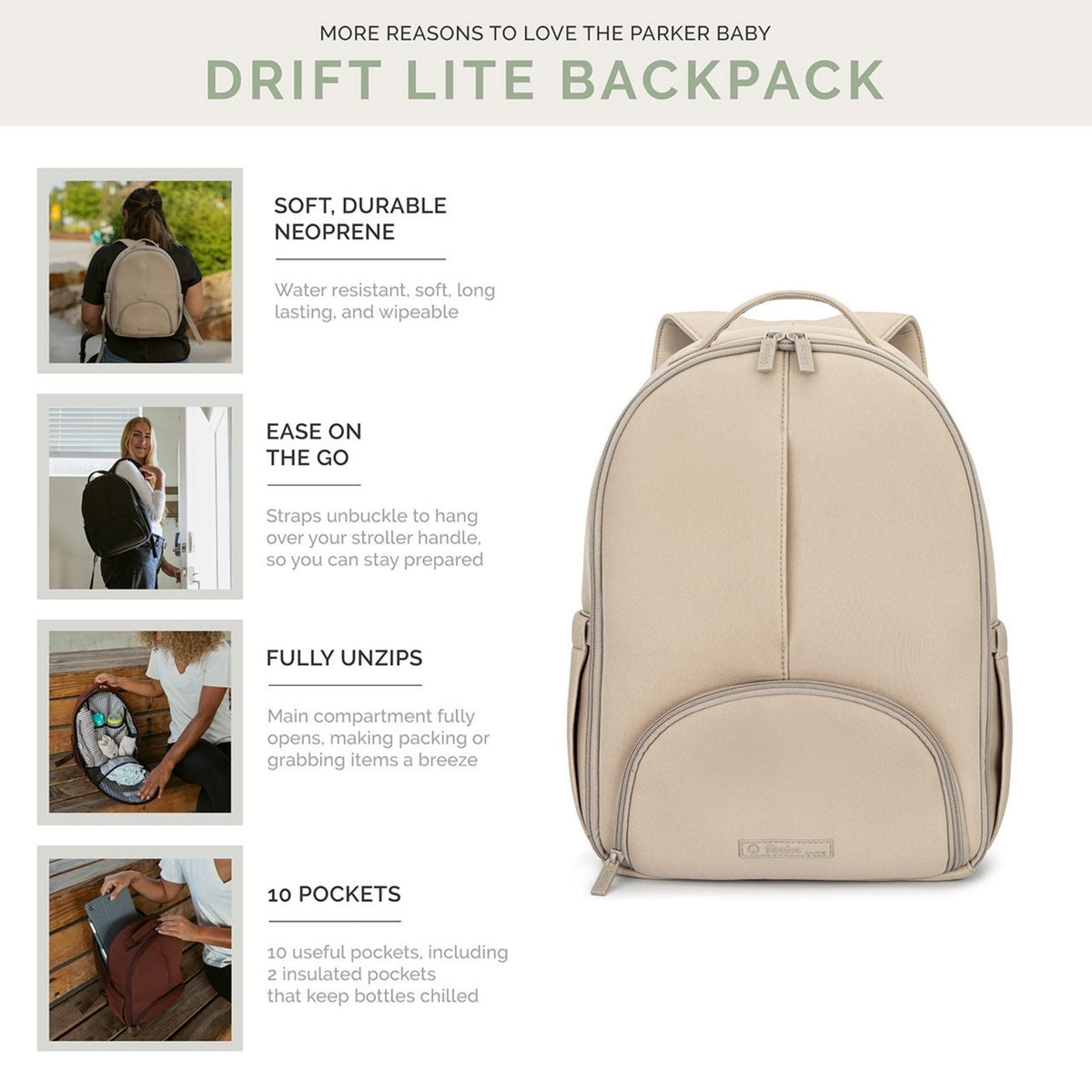 Llama beige neoprene diaper backpack, front view with arched top handle