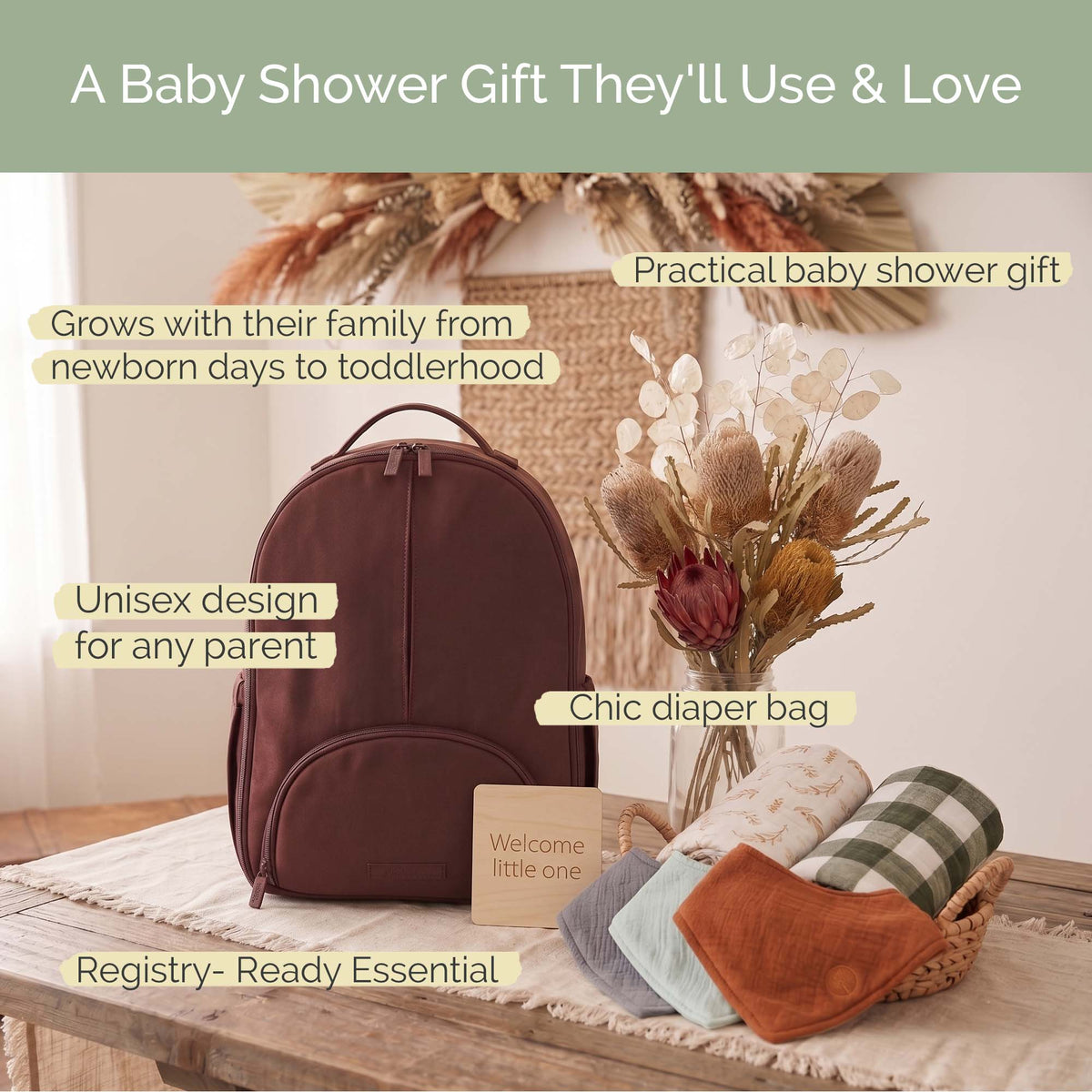 Raisin brown neoprene diaper backpack, front view with main zip compartment