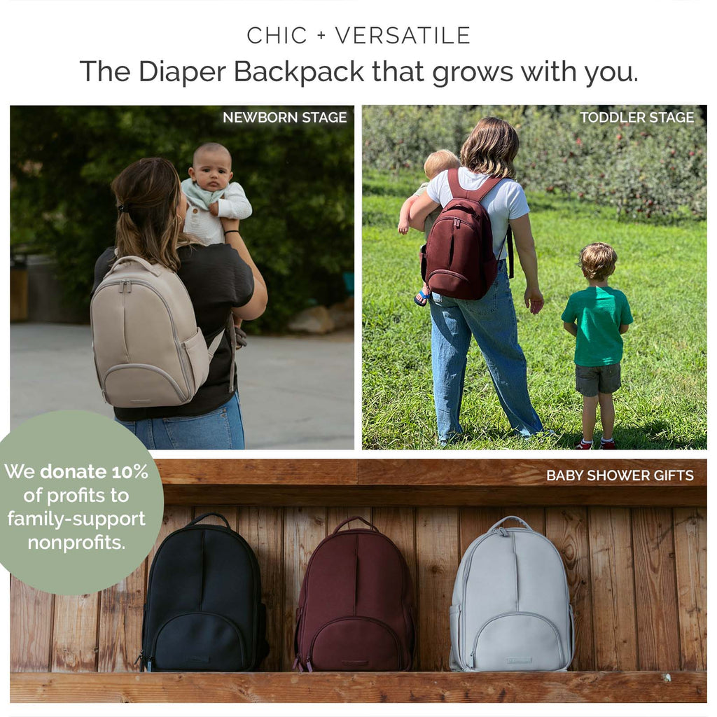 Wine-brown diaper backpack with rounded base, top handle, and front pocket