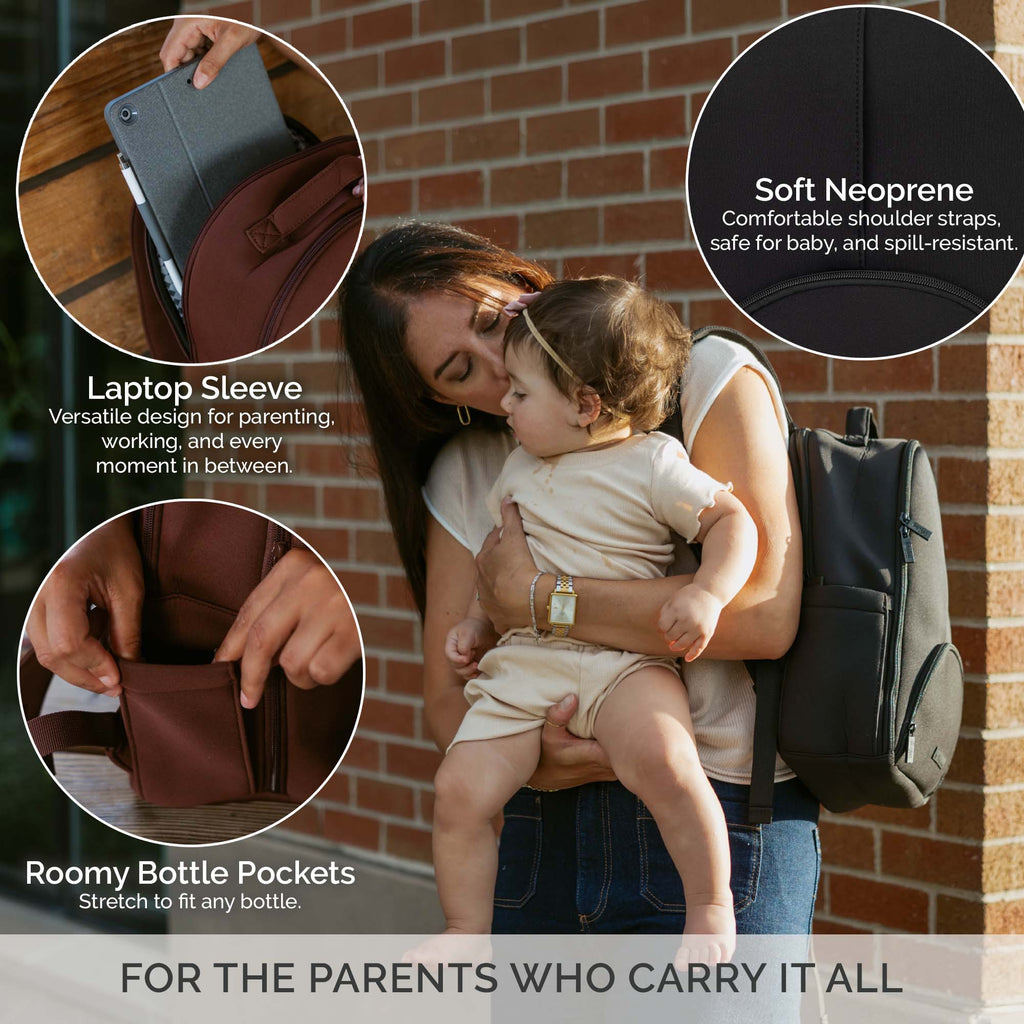 Dark neoprene diaper backpack with laptop sleeve and roomy bottle pockets