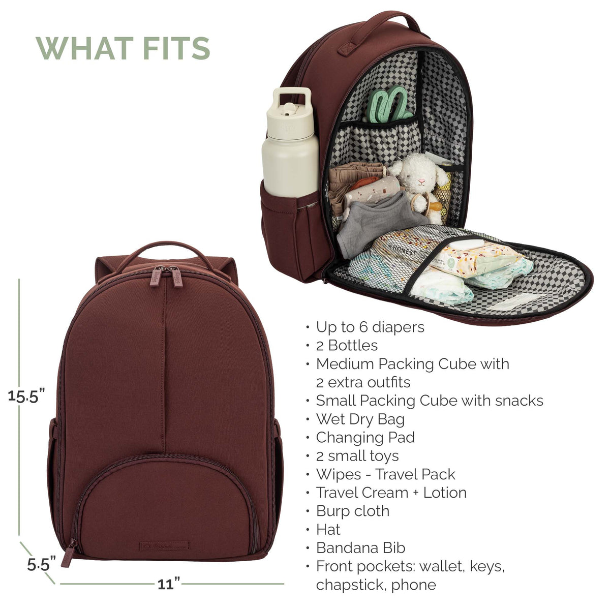 Wine-brown diaper backpack open to show interior compartments and fold-out changing pad