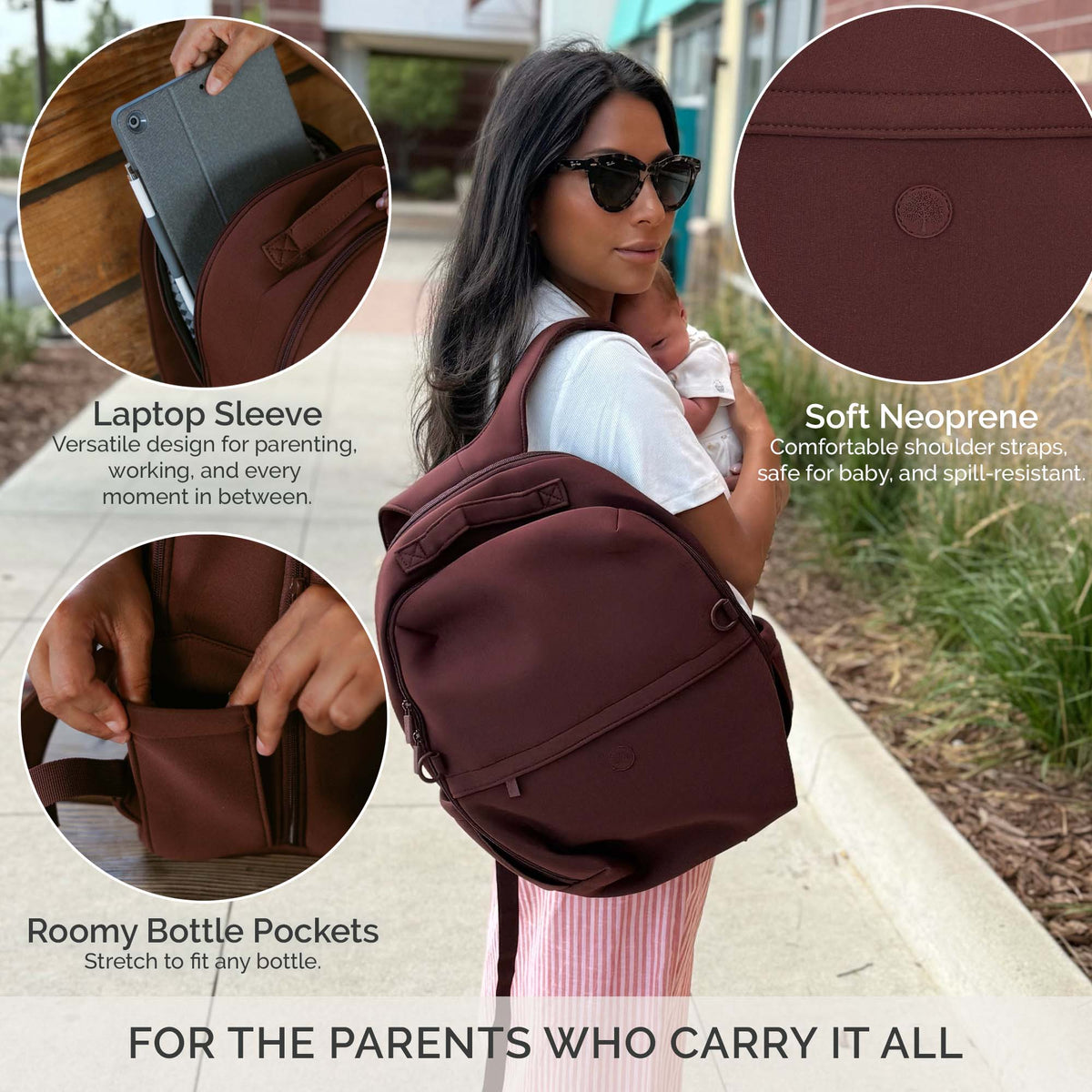 Burgundy diaper backpack with laptop sleeve and soft neoprene outer material