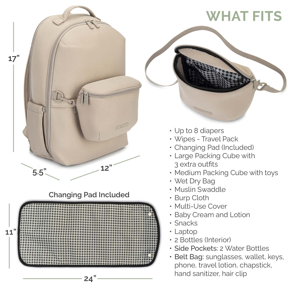 Beige diaper backpack with included changing pad and crossbody-style accessory pouch
