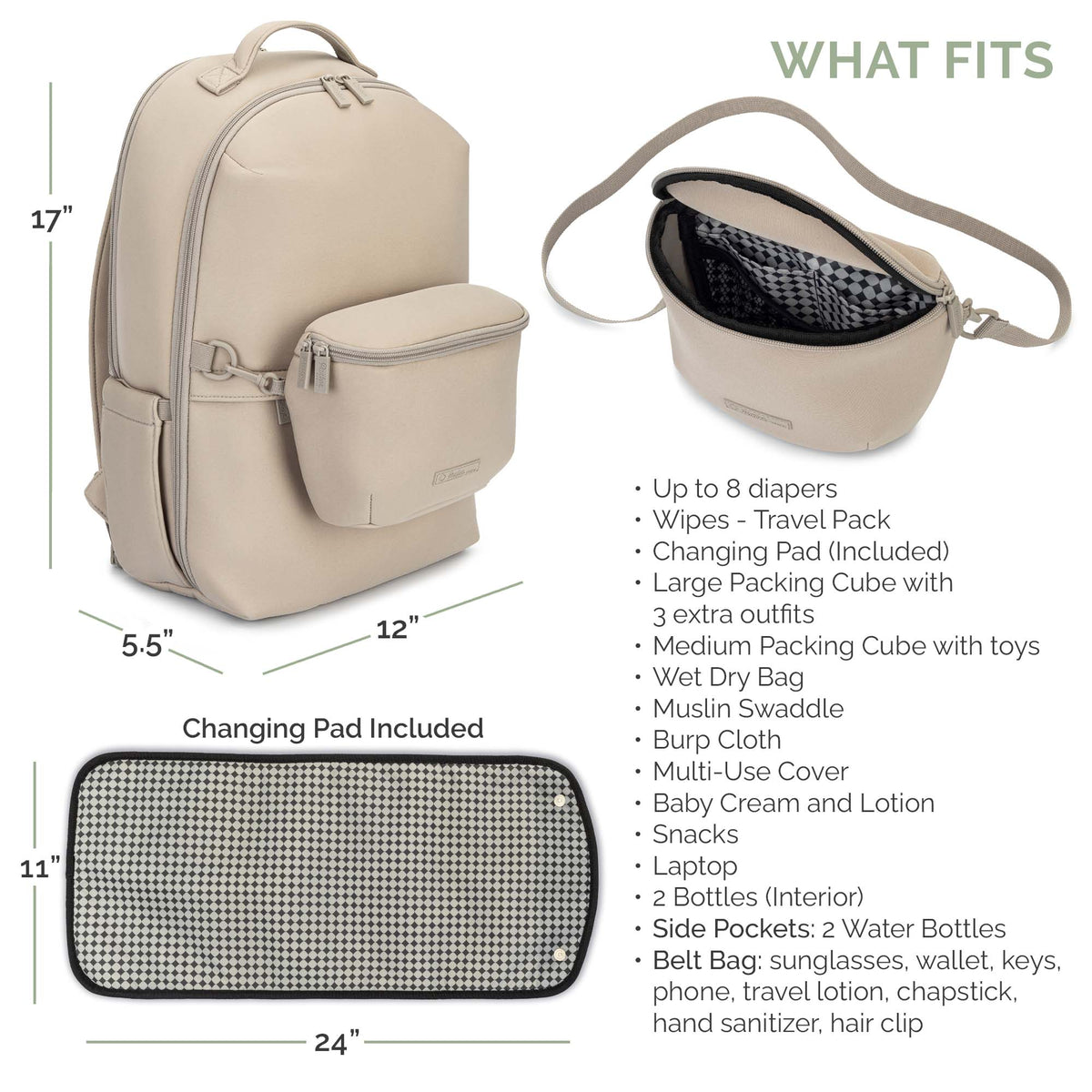 Beige diaper backpack with included changing pad and crossbody-style accessory pouch
