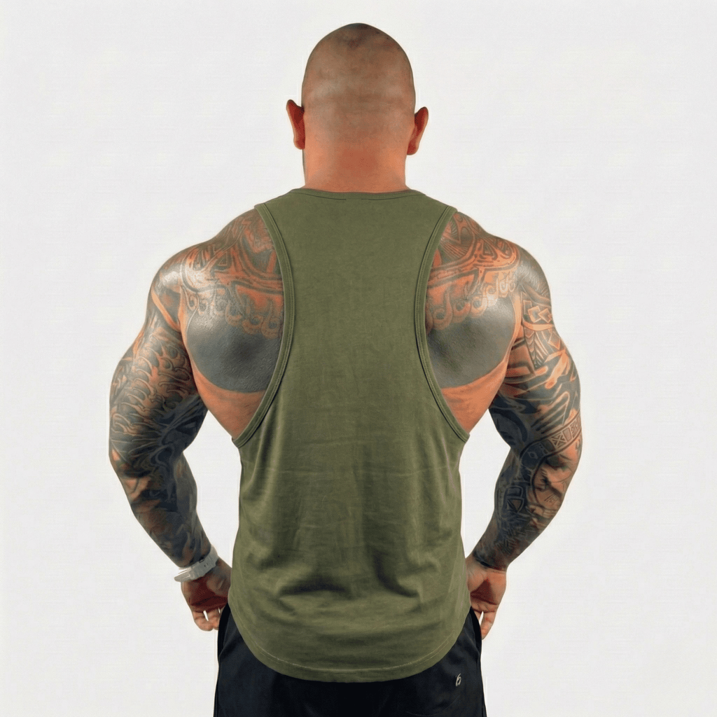 Men's drop arm tank top in army green, back view with wide armholes