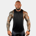 Men's drop arm tank top in black, sleeveless with crew neckline