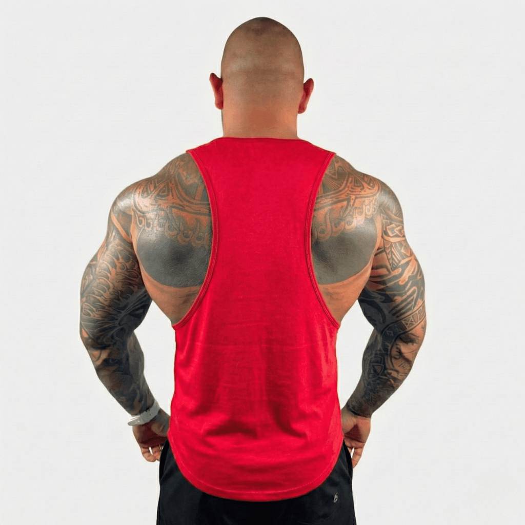 Red drop arm tank top back view with racerback scoop