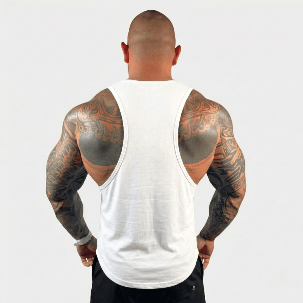 Men's drop arm tank top in snow white, back view with wide armholes